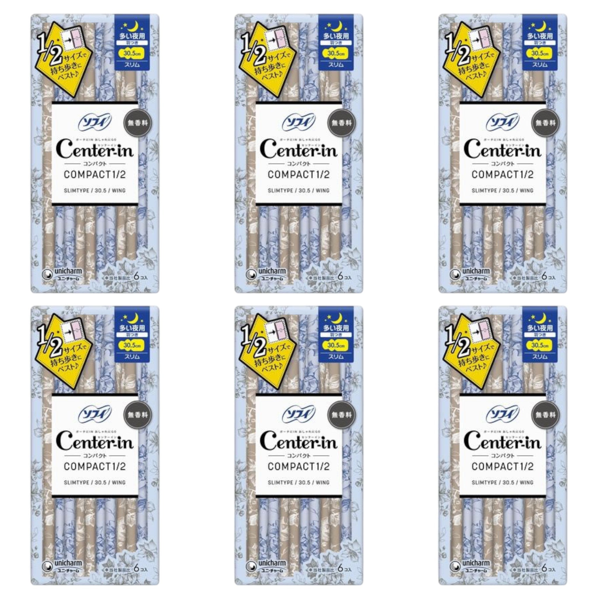 소피 센터인 컴팩트 1/2 무향 밤용 날개형 30.5cm 6매 6팩